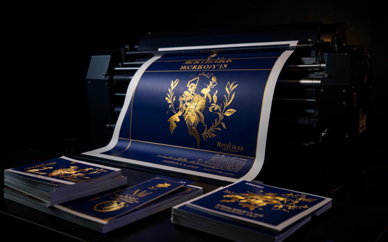 Large-format printer producing a navy and gold poster in the Nexora Prints studio